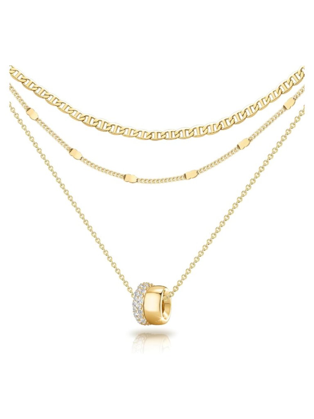 14K Gold Plated Layered CZ Rondelle Pendant Necklace Set Mariner Chain Women